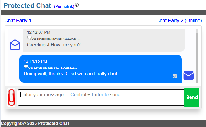 A Protected Chat conversation: each message shows the encrypted text the server sees beside the readable text in the browser